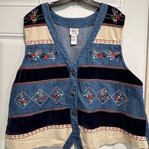Stephane Kelian Blue Denim & Navy Velvet Embroidered Button-Front Vest
